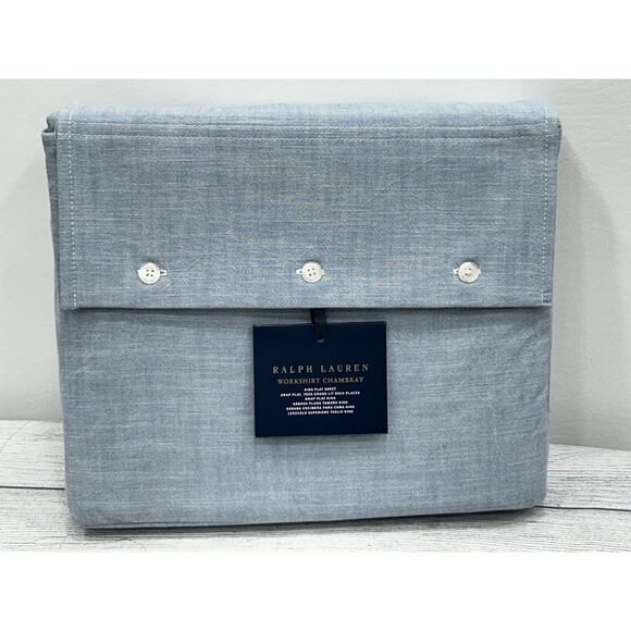 Ralph Lauren King Flat Sheet Chambray Blue Workshirt NEW - Picture 3 of 5
